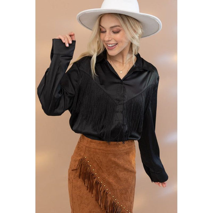 Satin Shirt Blouse with Chevron Fringe