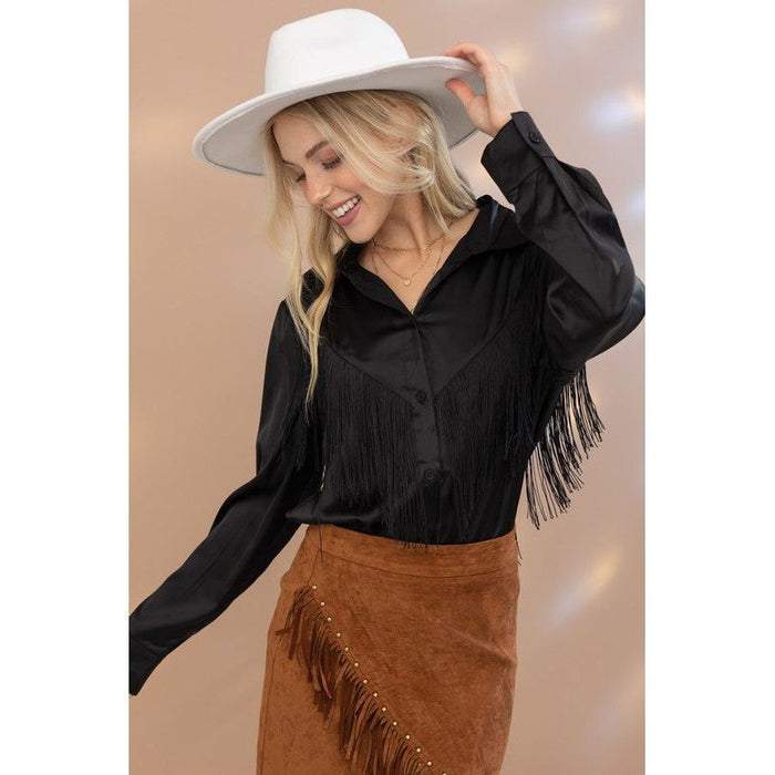 Satin Shirt Blouse with Chevron Fringe