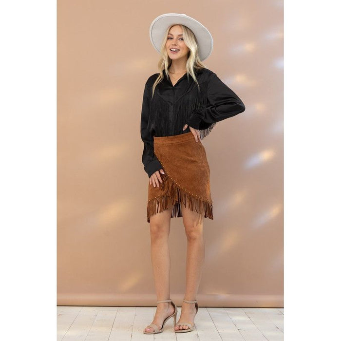 Satin Shirt Blouse with Chevron Fringe