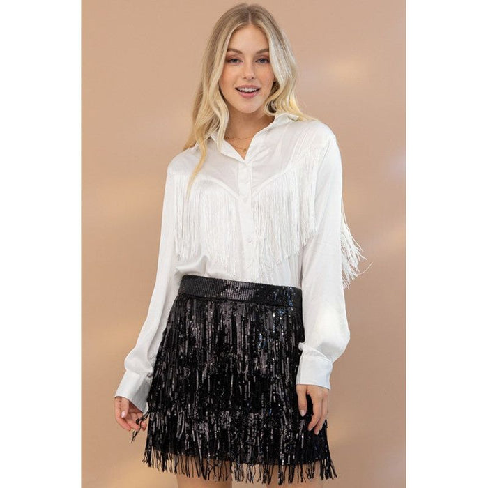 Satin Shirt Blouse with Chevron Fringe