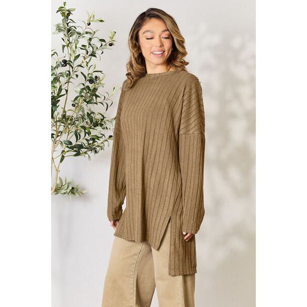 Basic Bae Ribbed Round Neck Long Sleeve Slit Top