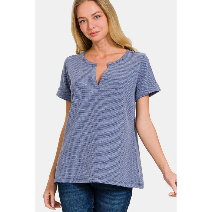 Zenana Notched Short Sleeve Waffle T-Shirt