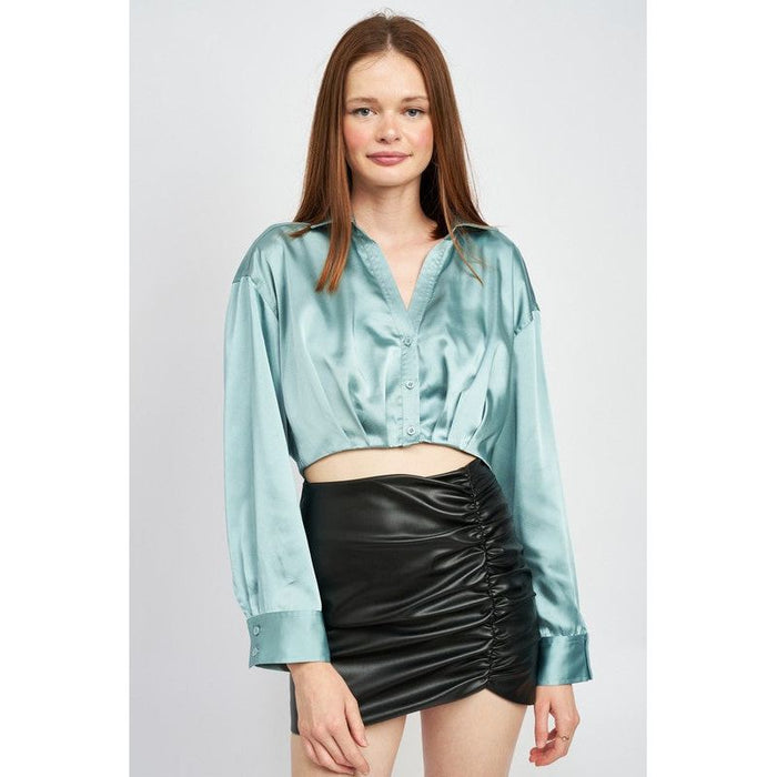 Collared Button Up Cropped Shirt