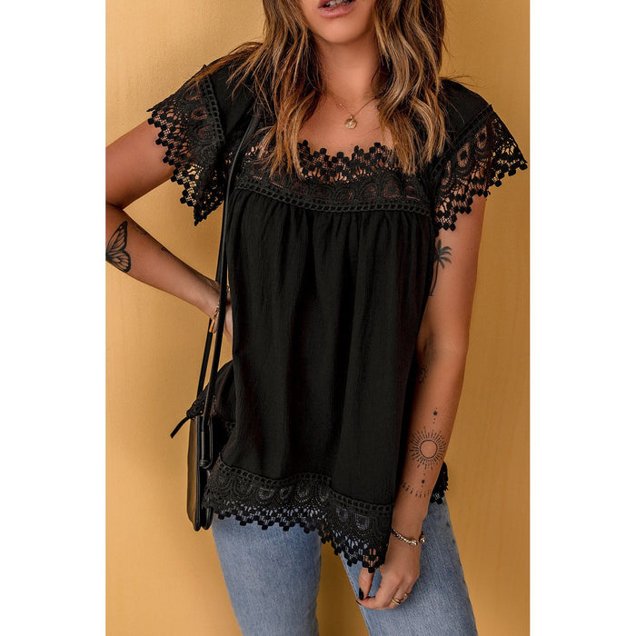 Lace Detail Square Neck Short Sleeve Blouse