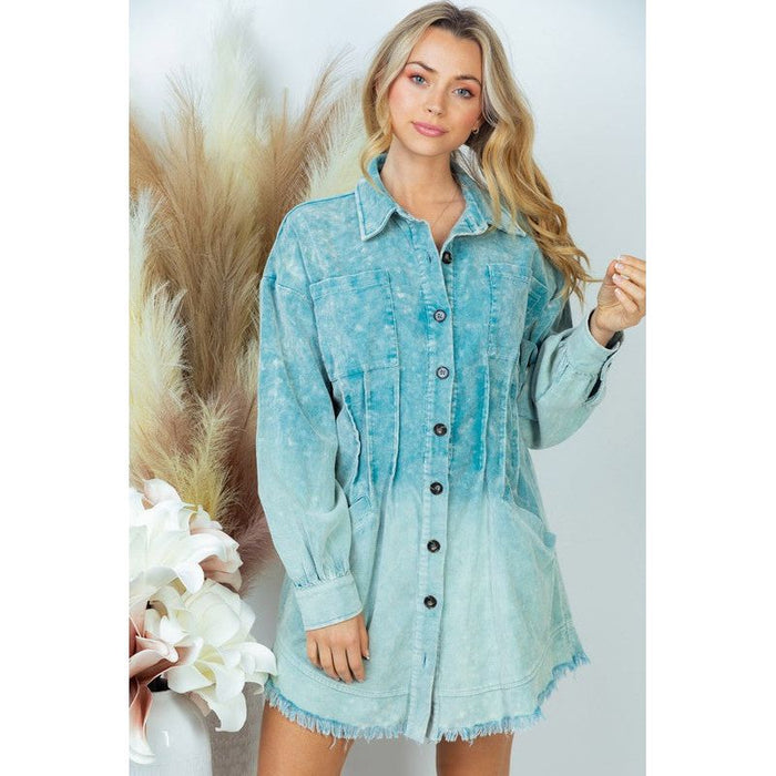 Corduroy Dip Dye Shirt Dress in Teal