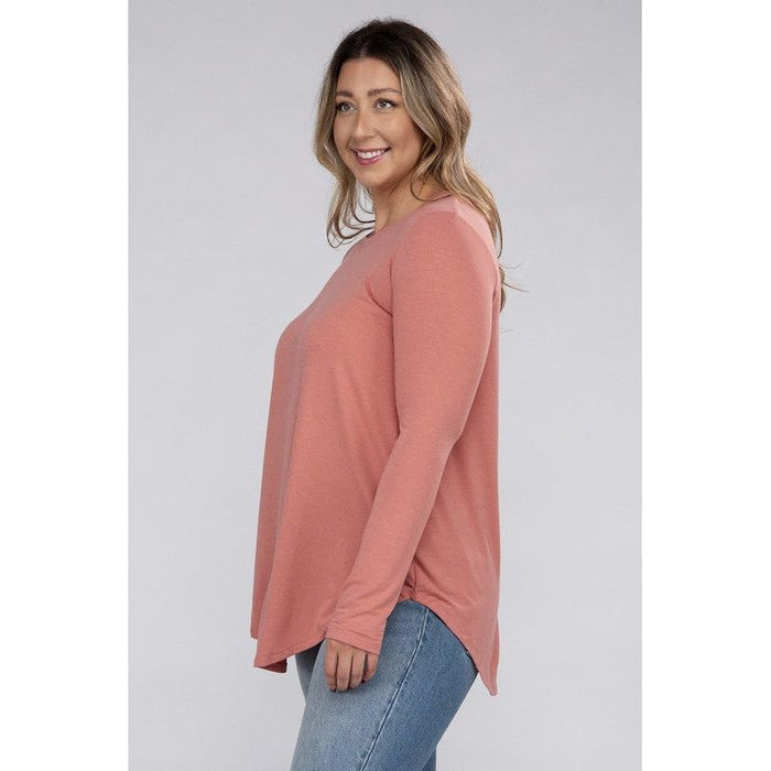 Plus Long Sleeve Round Neck Round Hem Top