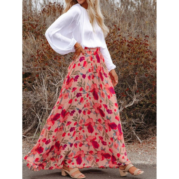 Printed Elastic Waist Pleated Maxi Skirt