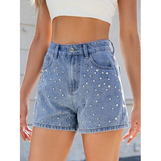 Mill's Beauty Supply Rhinestone Washed High Waist Denim Shorts