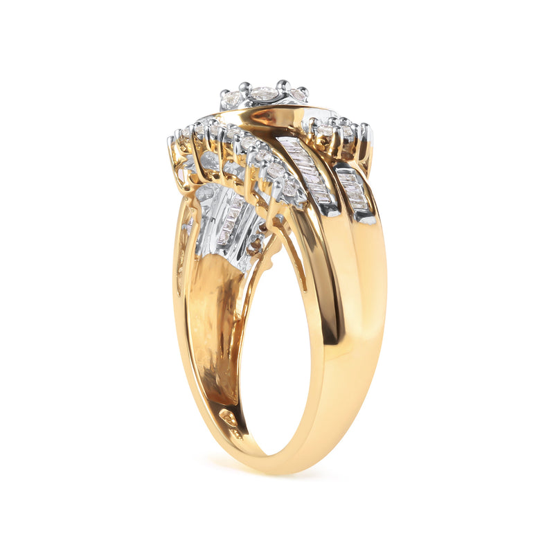 Bids.com 10K Yellow Gold 1 Cttw Round and Baguette cut Diamond Cluster Swirl Band Ring (H-I Color, I1-I2 Clarity) - Ring Size 7 Rings