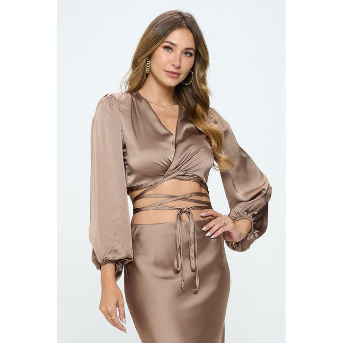 Silky Satin Wrap Crop Top with Tie