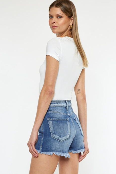 Button Fly High Rise Raw Hem Denim Shorts in Medium Blue Wash