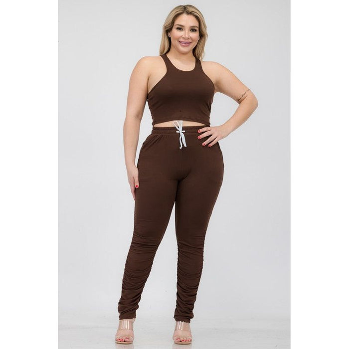 Plus Size Crop Tank Top & Ruched Pants Set