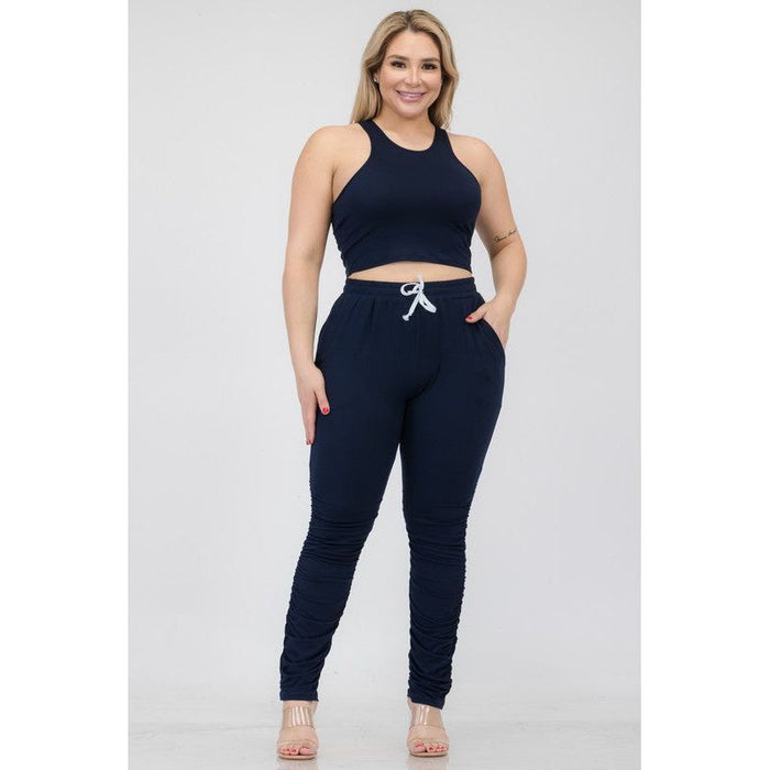 Plus Size Crop Tank Top & Ruched Pants Set