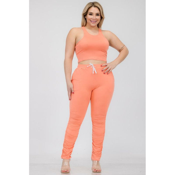 Plus Size Crop Tank Top & Ruched Pants Set