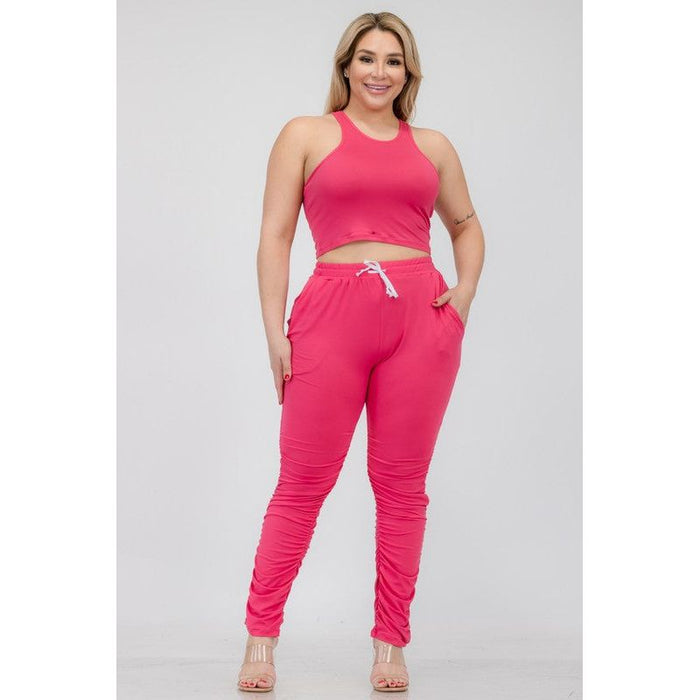 Plus Size Crop Tank Top & Ruched Pants Set