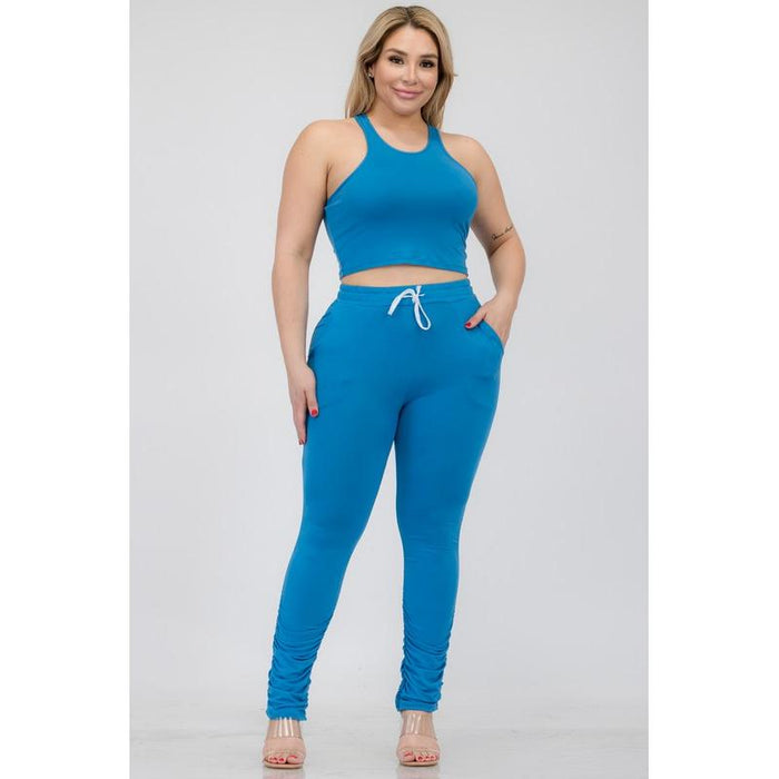 Plus Size Crop Tank Top & Ruched Pants Set