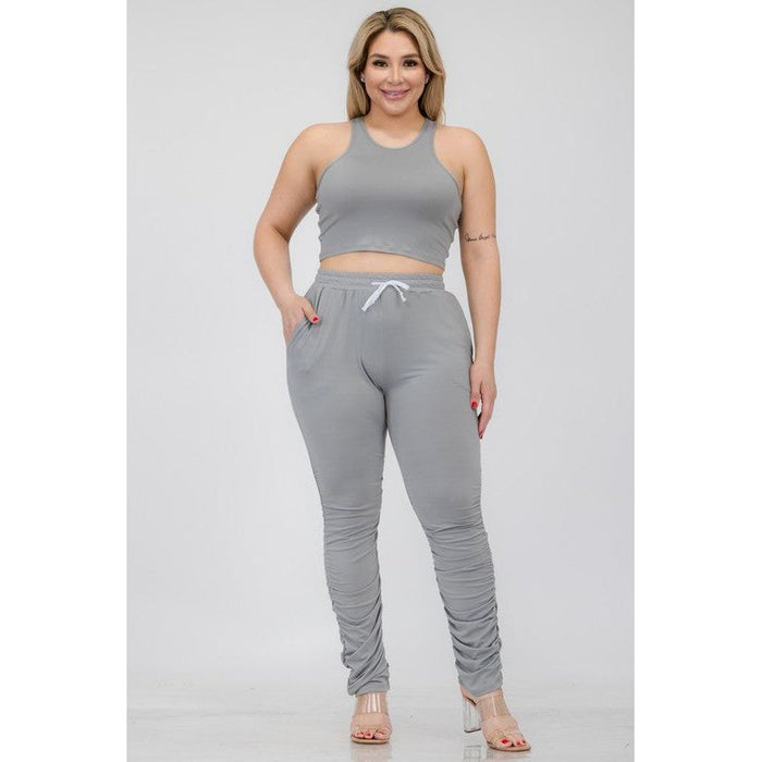 Plus Size Crop Tank Top & Ruched Pants Set