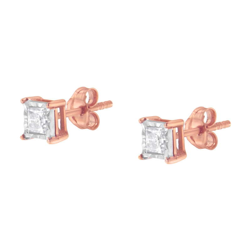 Bids.com 14K Rose Gold Plated Two-Tone .925 Sterling Silver 1/2 Cttw Princess-Cut Square Near Colorless Diamond Solitaire Miracle-Plate Stud Earrings (J-K Color, I2-I3 Clarity) Earrings