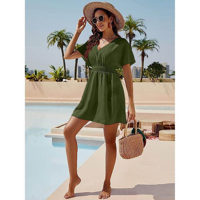 Smocked V-Neck Short Sleeve Dress