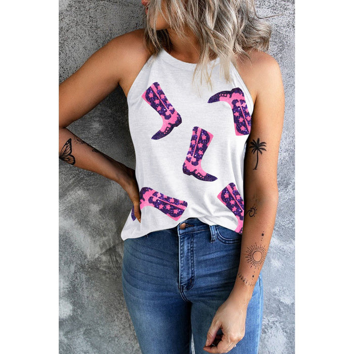 Sequin Boots Print Round Neck Tank