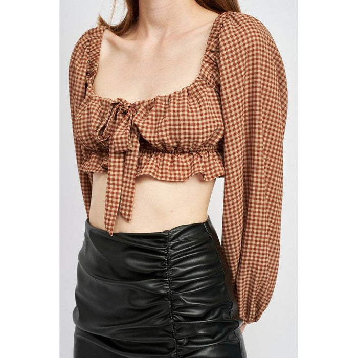 Gingham Square Neck Crop Top With Ruffle Detail