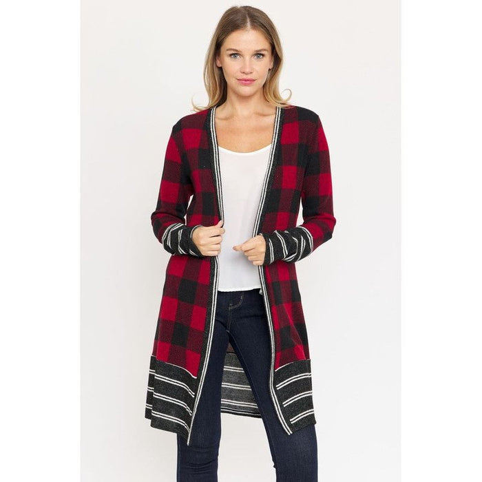 Long Buffalo Plaid Stripe Trim Open Cardigan