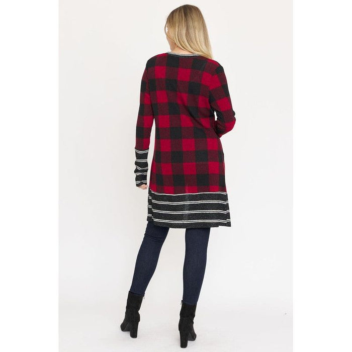 Long Buffalo Plaid Stripe Trim Open Cardigan