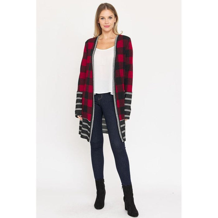 Long Buffalo Plaid Stripe Trim Open Cardigan