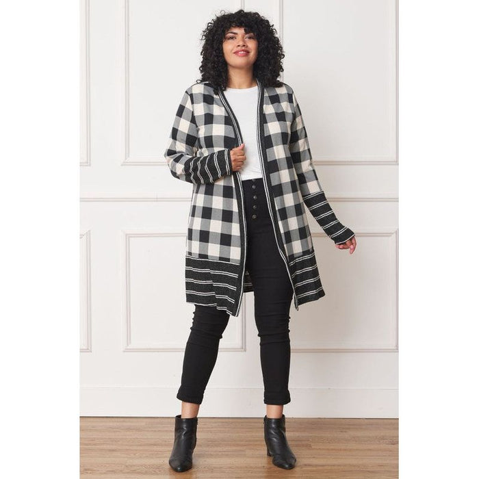 Long Buffalo Plaid Stripe Trim Open Cardigan