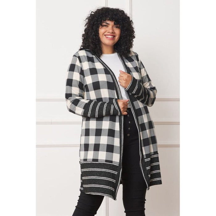 Long Buffalo Plaid Stripe Trim Open Cardigan