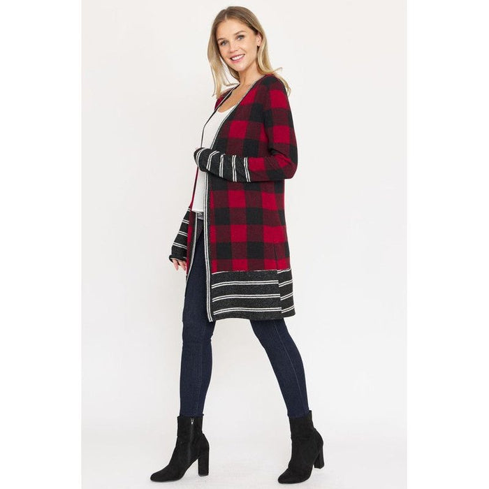 Long Buffalo Plaid Stripe Trim Open Cardigan