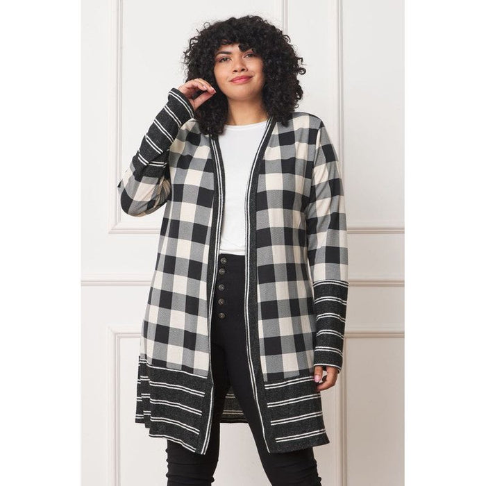 Long Buffalo Plaid Stripe Trim Open Cardigan