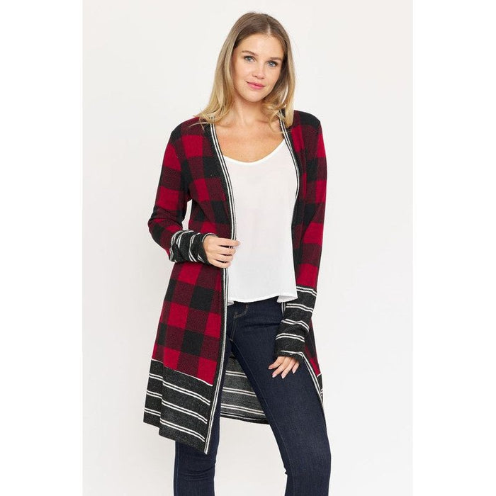 Long Buffalo Plaid Stripe Trim Open Cardigan