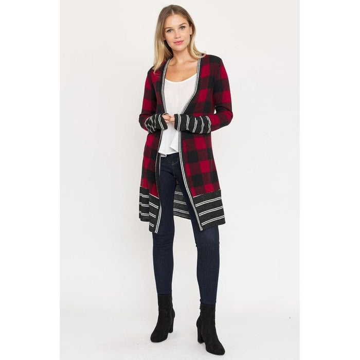 Long Buffalo Plaid Stripe Trim Open Cardigan