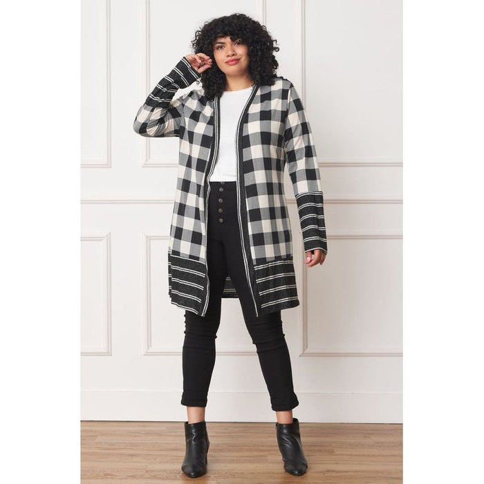 Long Buffalo Plaid Stripe Trim Open Cardigan