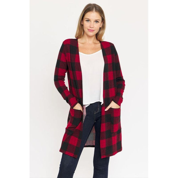 Long Buffalo Plaid Open Cardigan