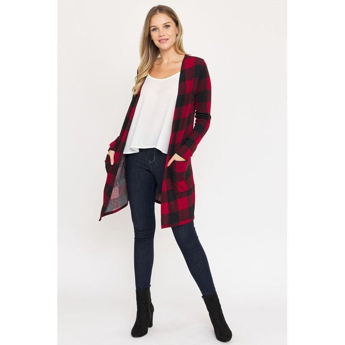 Long Buffalo Plaid Open Cardigan