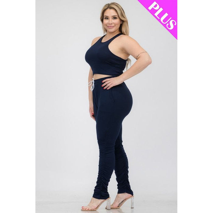 Plus Size Crop Tank Top & Ruched Pants Set