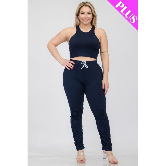 Plus Size Crop Tank Top & Ruched Pants Set