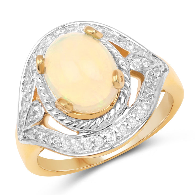 Bids.com 14K Yellow Gold Plated 1.88 Carat Genuine Ethiopian Opal and White Topaz .925 Sterling Silver Ring Rings