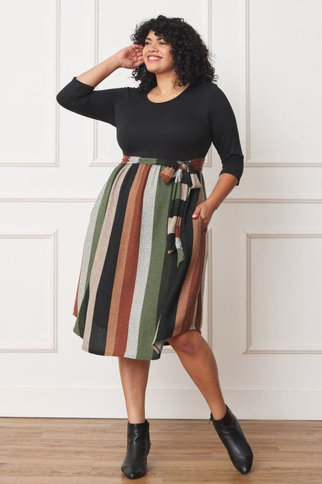 Quarter Sleeve, Stripe Sash Midi Dress