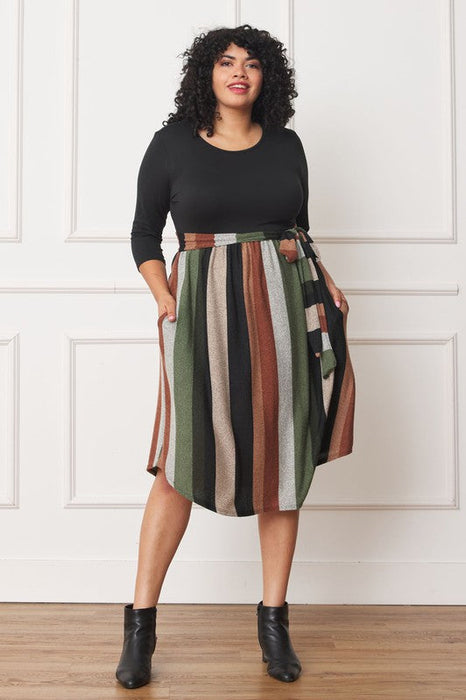 Quarter Sleeve, Stripe Sash Midi Dress