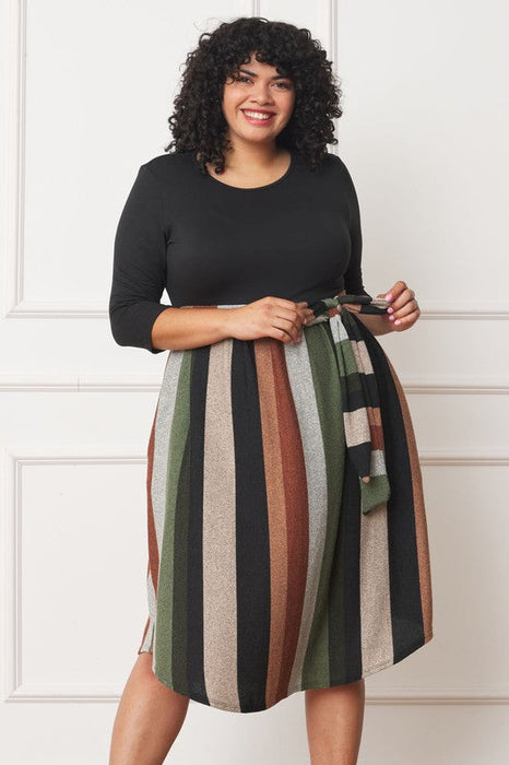 Quarter Sleeve, Stripe Sash Midi Dress