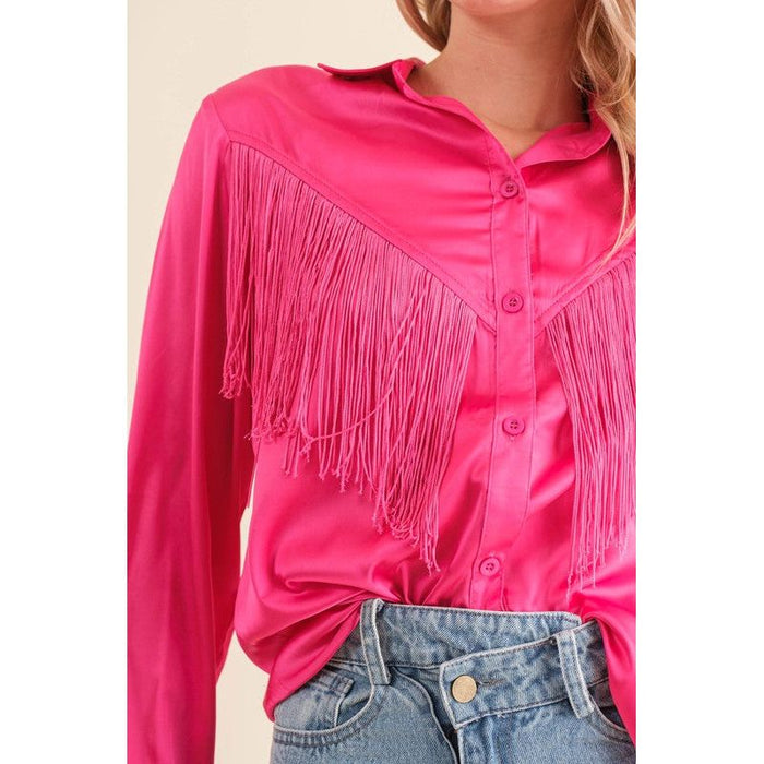 Satin Shirt Blouse with Chevron Fringe