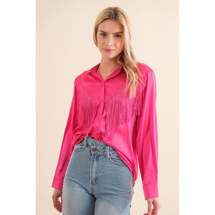 Satin Shirt Blouse with Chevron Fringe