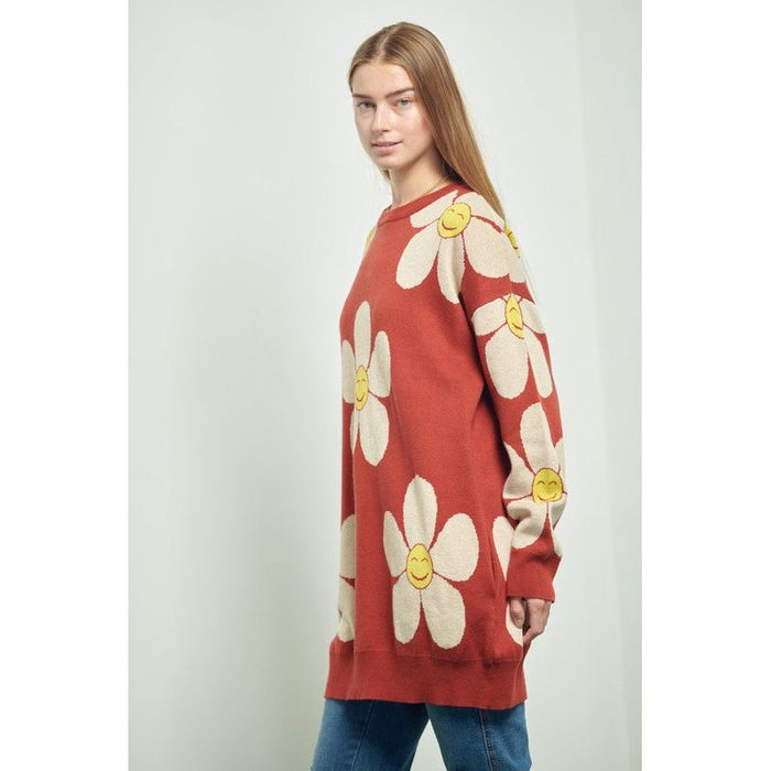 Happy Face Floral Print Knit Sweater