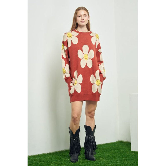 Happy Face Floral Print Knit Sweater