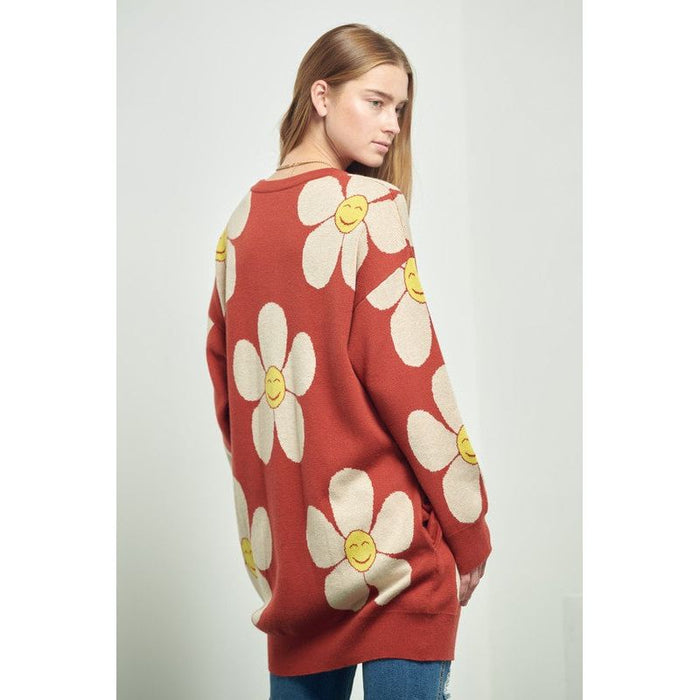 Happy Face Floral Print Knit Sweater