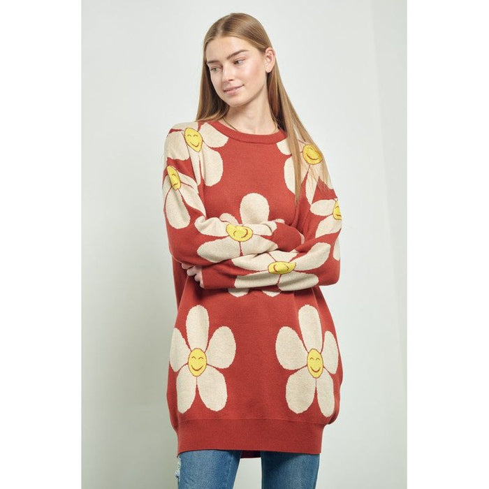 Happy Face Floral Print Knit Sweater