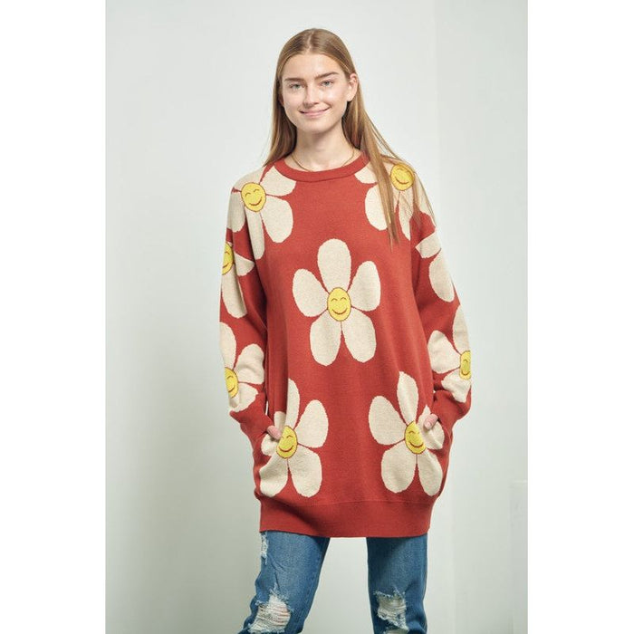 Happy Face Floral Print Knit Sweater